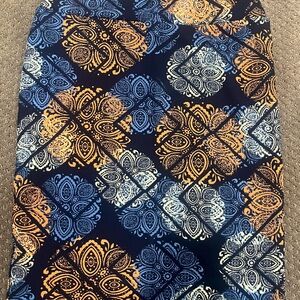 Lularoe Cassie Navy, Cream, Blue and Orange Patterned Skirt Small (6-8)
